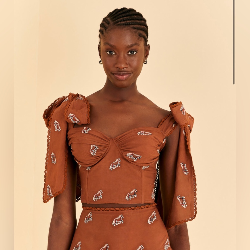 FARM Rio Brown and Cream Puff Sleeve Crop Top